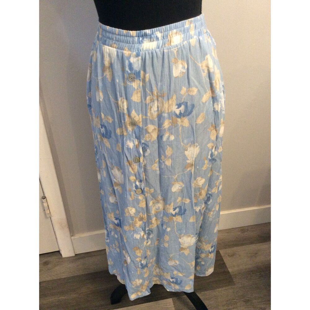 Vintage Koret City Blues Floral Midi Skirt Elastic Waistline Button Front Medium
